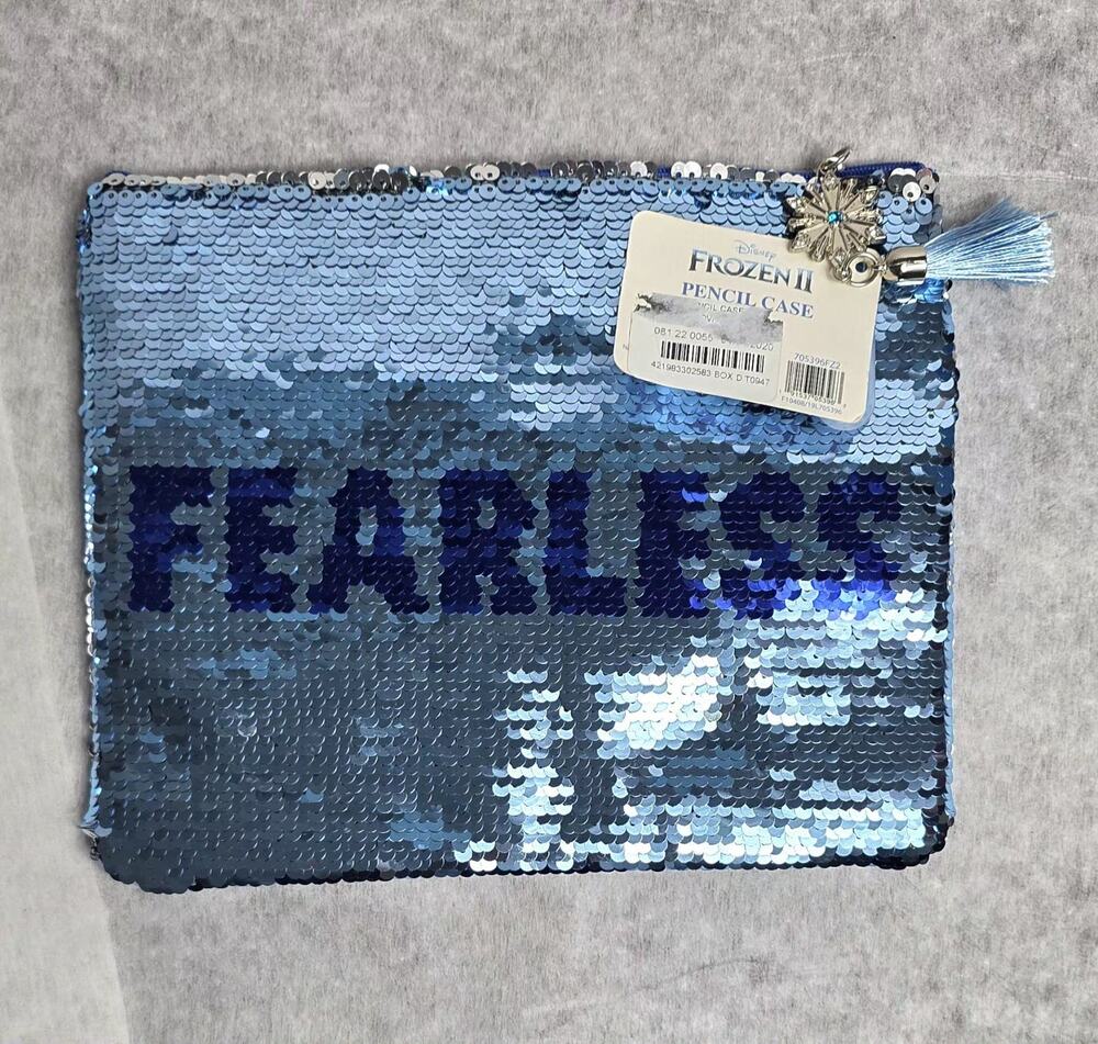 Disney Frozen 2 Sequin Pencil Pouch Makeup Bag Blue Silver Snowflake Charm NWT
